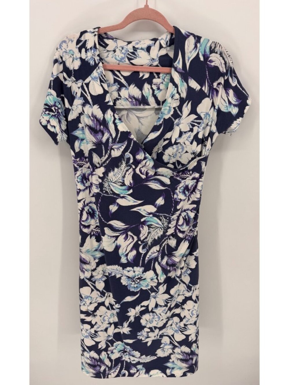 Soft Surroundings Shapely Anywhere Dress Blue Floral Faux Wrap Sheath Dress Sz M
